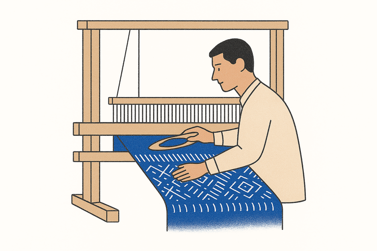 Illustration of artisan weaving on a handloom.